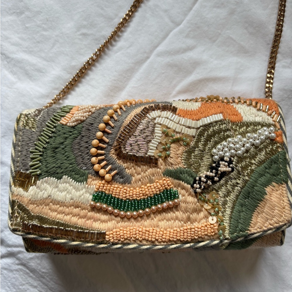 Anthropologie Green and Orange Clutch with Gold Chain